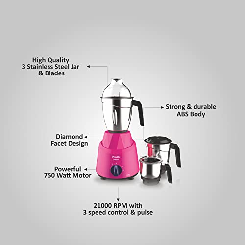 Preethi Plastic Galaxy Mg225 Mixer Grinder, 750 Watt, Pink, 3 Jars, Vega W5 Motor with 5Yr Warranty & Lifelong Free Service, 750 Watt - Image 5
