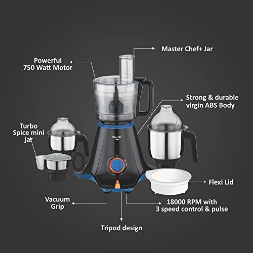 Preethi Zion MG-227 mixer grinder 750 watt Black, 4 jars - master chef food processor jar and flexi lid, Vega W5 motor with 2yr Guarantee & Lifelong Free Service, Standard - Image 6