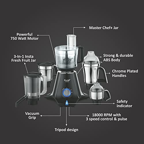 Preethi Zodiac MG-218 mixer grinder, 750 watt, Black/Light Grey, 5 jars - 3 In 1 insta fresh juicer Jar & Master chef food processor Jar, Vega W5 motor with 5yr Warranty - Image 6